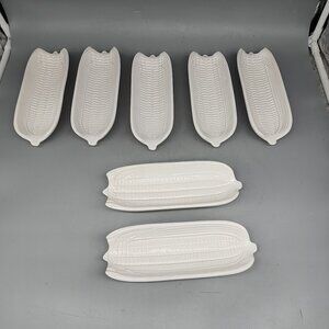 Bordallo Pinheiro Set Of 7 Corn On The Cob Plate Dish Majolica White Portugal